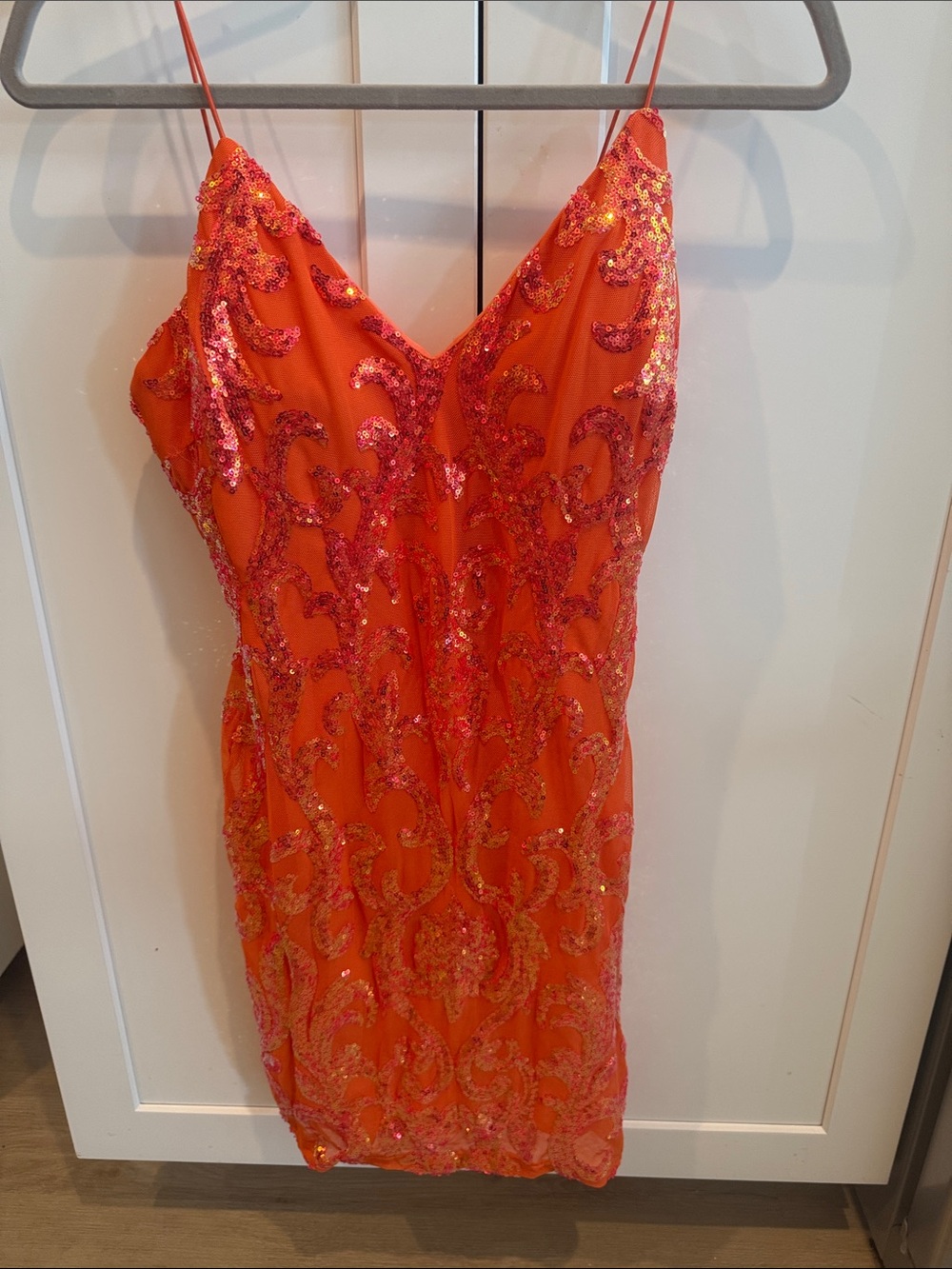 Windsor Orange Sequin V‑Neck Spaghetti Strap Mini Dress